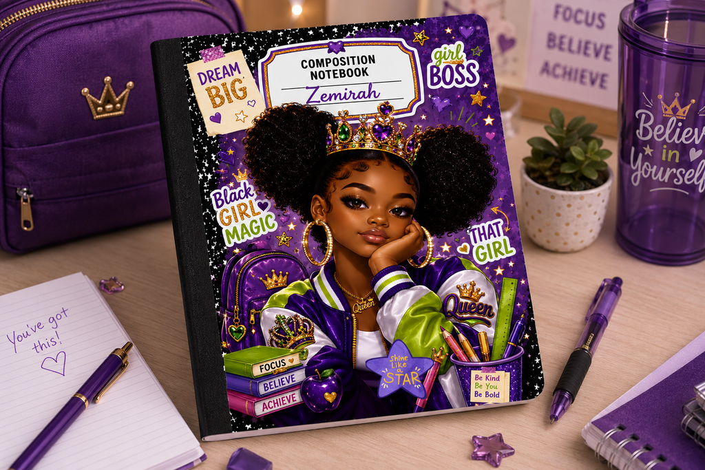 Young Queens™ – Dream Big Queen | Personalized Black Girl Magic Composition Notebook