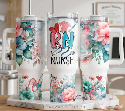 Floral RN Nurse 40oz Stainless Steel Tumbler with Handle