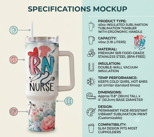 Floral RN Nurse 40oz Stainless Steel Tumbler with Handle
