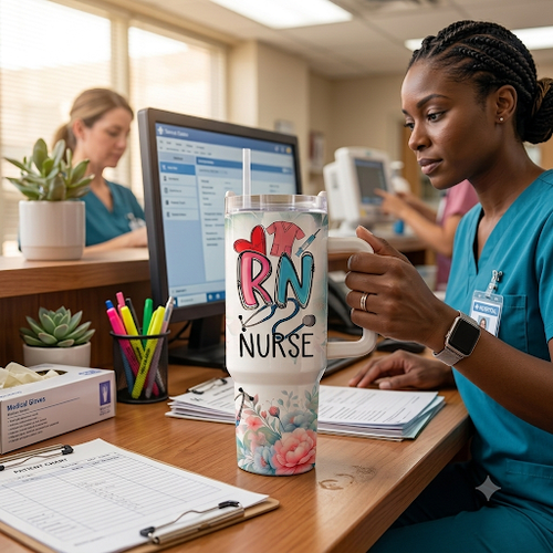 Floral RN Nurse 40oz Stainless Steel Tumbler with Handle