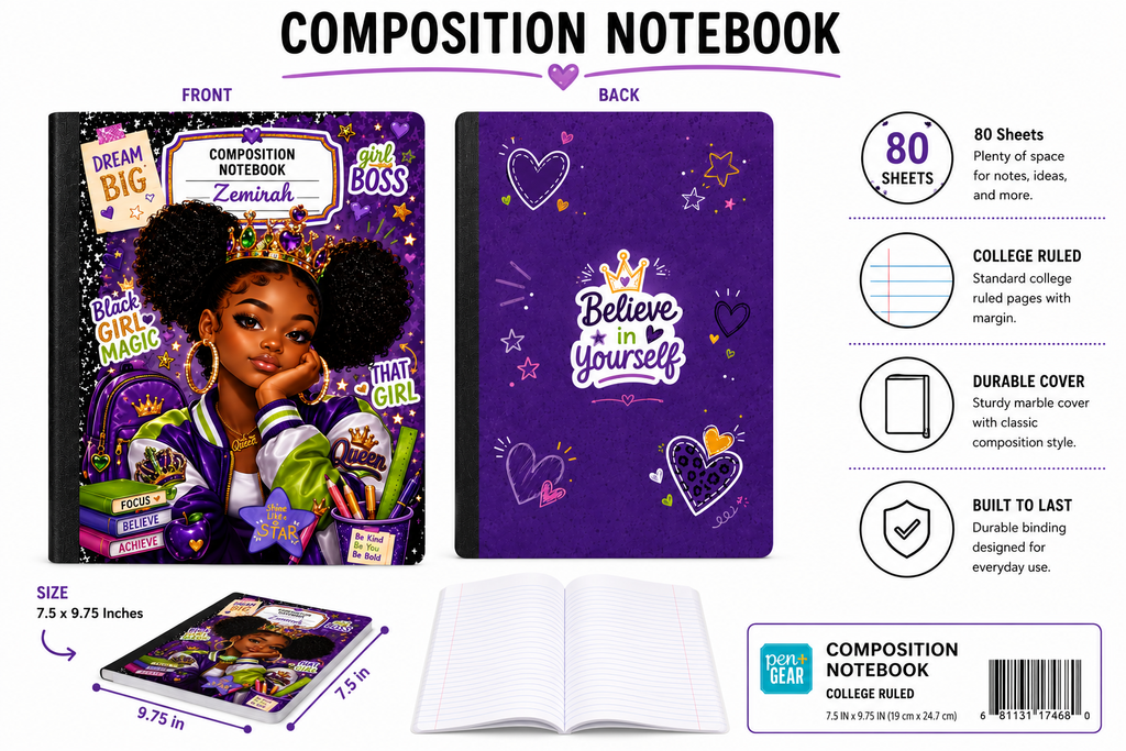 Young Queens™ – Dream Big Queen | Personalized Black Girl Magic Composition Notebook
