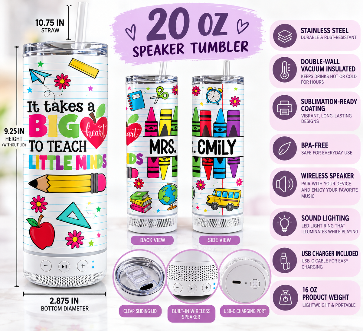 Personalized Teacher Speaker Tumbler | 20 oz Skinny Speaker Tumbler